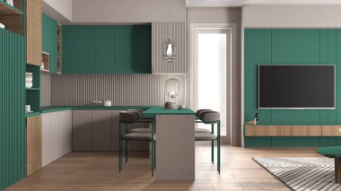 Modern dairede rahat turkuaz ve ahşap mutfak, pencere çanak çömlekli dolaplar, eşyalar, ada, sandalyeli yemek masası. Halı ve parke, iç tasarım fikri.