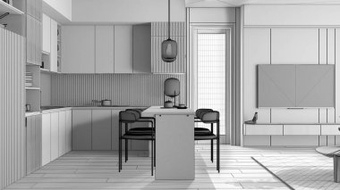 Bitmemiş bir proje, modern bir daire, pencere, çömlek ve tavalı dolaplar, aletler, ada ve sandalyeli yemek masası. Halı ve parke, iç tasarım fikri.
