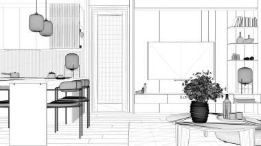 Taslak taslağı, mutfak ve oturma odası modern bir daire, pencere, çiçekli masa ve sandalyeli yemek masası. Halı ve parke, televizyon, iç tasarım