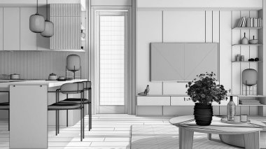 Modern dairede tamamlanmamış proje taslağı, mutfak ve oturma odası, pencere, çiçekler ve içeceklerle dolu masa, sandalyeli yemek masası. Halı ve parke, televizyon, iç tasarım