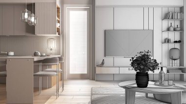 Mimari iç mimar konsepti: gerçek hale gelen el yapımı taslak proje, mutfak ve oturma odası, pencere, sandalyeli yemek masası. Halı ve parke, televizyon.