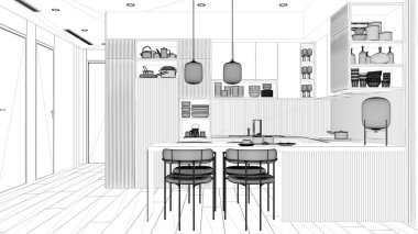 Proje taslağı, modern dairede rahat mutfak ve yemek odası, sandalyeli masa. Çanak çömlek, tencere ve aletlerle dolu dolaplar ve raflar. Parke, iç tasarım fikri