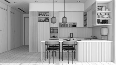 Tamamlanmamış proje taslağı, modern dairede rahat mutfak ve yemek odası, sandalyeli masa. Çanak çömlek, tencere ve aletlerle dolu dolaplar ve raflar. Parke, iç tasarım fikri