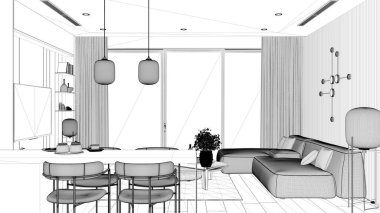 Proje taslağı, modern dairede mutfağı olan oturma odası, masalı kanepe, adalı mutfak ve yemek masası olan sandalyeler. Büyük panoramik pencere, iç tasarım fikri