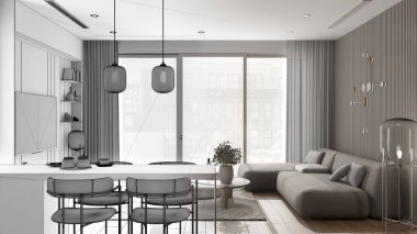 Mimari iç mimar konsepti: bitirilmemiş el yapımı taslak proje gerçeğe dönüşüyor, mutfağı olan oturma odası, masa, ada ve yemek masası olan kanepe, sandalyeler