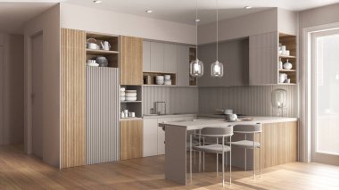 Modern bej ve ahşap mutfak ve rahat dairede yemek odası, kadife sandalyeli masa. Çanak çömlek, tencere ve aletlerle dolu dolaplar ve raflar. Parke, iç tasarım fikri