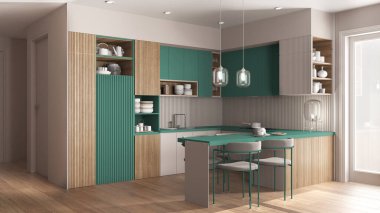 Modern turkuaz, ahşap mutfak ve rahat dairede yemek odası, kadife sandalyeli masa. Çanak çömlek, tava ve aletlerle dolu dolaplar ve raflar. Parke, iç tasarım fikri