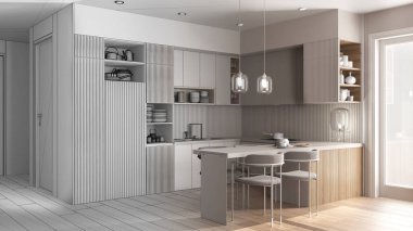 Mimar iç mimar konsepti: elle çizilmiş tamamlanmamış proje, mutfak ve yemek odası, sandalyeli masa. Çömleklerle, tavalarla ve aletlerle dolu raflar