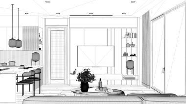 Proje taslağı, modern dairede oturma odası ve mutfak, çiçekli masa, sandalyeli yemek masası. Halı ve parke, televizyon, büyük pencere, iç tasarım fikri