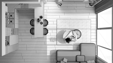 Tamamlanmamış proje taslağı, modern dairede oturma odası ve mutfak, kanepe, ada ve yemek masası, sandalyeler. Halı ve cihazlar, üst görünüm, plan, yukarıda, iç tasarım fikri