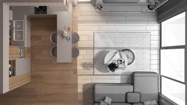 Mimari iç mimar konsepti: gerçek, oturma odası, mutfak, kanepe, yemek masası, sandalyeler haline gelen el çizimi tamamlanmamış proje. Halı ve dekorlar, üst görünüm, plan, yukarıda