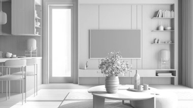 Tamamen beyaz proje taslağı, minimalist dairede oturma odası ve mutfak, pencere, papatya çiçekli masa, sandalyeli yemek masası. Halı ve parke, televizyon, iç tasarım