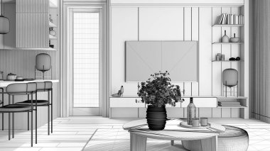 Tamamlanmamış proje taslağı, minimalist dairede oturma odası ve mutfak, pencere, papatya çiçekli masa, sandalyeli yemek masası. Halı ve parke, televizyon, iç tasarım