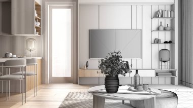 Mimari iç mimar konsepti: gerçek hale gelen el yapımı taslak proje, oturma odası ve mutfak, pencere, masa, papatya çiçekleri, sandalyeli yemek masası. Parke