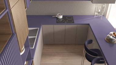 Modern dairede rahat liyak ve ahşap mutfak, masa, kadife koltuklar. Lavabo, esrarlı indüksiyon hob, kurabiyeli kahvaltı. Cam masa lambası. Üst görünüm, yukarıda, iç tasarım