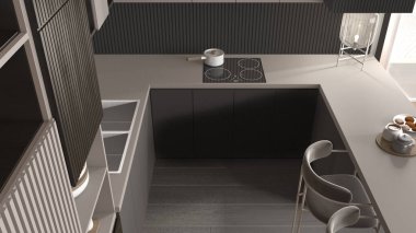 Modern dairede, masada, kadife koltuklarda rahat ve ahşap mutfak. Lavabo, esrarlı indüksiyon hob, kurabiyeli kahvaltı. Cam masa lambası. Üst görünüm, yukarıda, iç tasarım