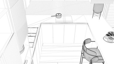 Proje taslağı, modern dairede mutfak, masa, koltuklar. Lavabo, esrarlı indüksiyon hob, kurabiyeli kahvaltı. Cam masa lambası. Üst görünüm, yukarıda, iç tasarım