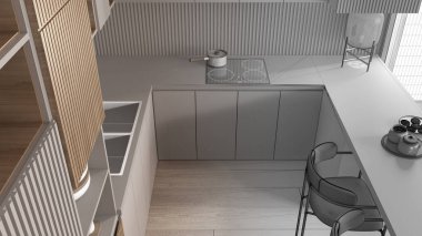 Mimar iç mimar konsepti: elle çizilmiş tamamlanmamış proje, mutfak, masa, koltuklar. Lavabo, ot ile indüksiyon hob. Cam masa lambası. Üst görünüm, yukarıda