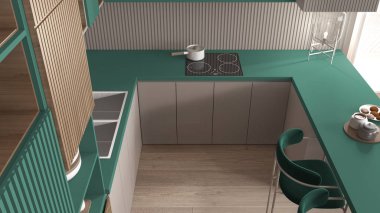 Modern dairede rahat turkuaz ve ahşap mutfak, masa, kadife koltuk. Lavabo, esrarlı indüksiyon hob, kurabiyeli kahvaltı. Cam masa lambası. Üst görünüm, yukarıda, iç tasarım