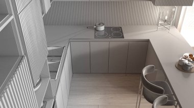 Mimar iç mimar konsepti: elle çizilmiş tamamlanmamış proje, mutfak, masa, koltuklar. Lavabo, ot ile indüksiyon hob. Cam masa lambası. Üst görünüm, yukarıda