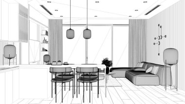 Proje taslağı, minimalist dairede mutfağı olan oturma odası, masalı kanepe, adalı mutfak ve yemek masası olan koltuklar. Büyük panoramik pencere, iç tasarım fikri