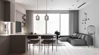 Mimari iç mimar konsepti: bitirilmemiş el yapımı taslak proje gerçek oluyor, mutfağı olan oturma odası, masası olan kanepe, adası ve yemek masası olan mutfak, koltukları olan koltuklar