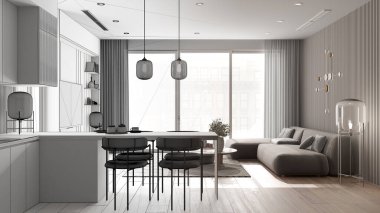 Mimari iç mimar konsepti: bitirilmemiş el yapımı taslak proje gerçek oluyor, mutfağı olan oturma odası, masası olan kanepe, adası ve yemek masası olan mutfak, koltukları olan koltuklar