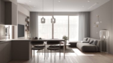 Arka plan bulanık, minimalist dairede mutfağı olan oturma odası, masalı kanepe, adalı mutfak ve yemek masası, koltuklar. Büyük panoramik pencere, iç tasarım fikri