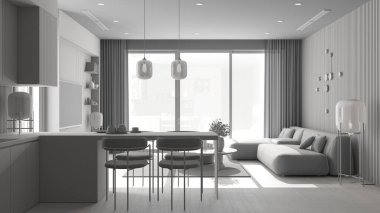 Tamamen beyaz proje, minimalist dairede mutfağı olan oturma odası, masalı kanepe, adalı mutfak ve yemek masası, koltuklar. Büyük panoramik pencere, iç tasarım fikri