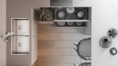 Mimari iç mimar konsepti: gerçek olan el yapımı taslak proje, mutfak, açık çekmeceler, masa, sandalyeler. Lavabo, indüksiyon hob. Üst görünüm, plan, yukarıda