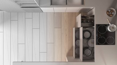 Mimari iç mimar konsepti: elle çizilmiş tamamlanmamış taslak proje gerçeğe dönüşüyor, mutfak açık çekmecelerle aksesuarlarla kapanıyor. İndüksiyon hobisi. Üst görünüm, plan, yukarıda