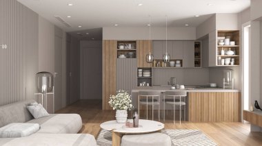 Modern dairede rahat bej ve ahşap oturma odası ve mutfak masalı kadife kanepe, adalı mutfak ve yemek masası, sandalyeler. Halı ve cihazlar, iç tasarım fikri.