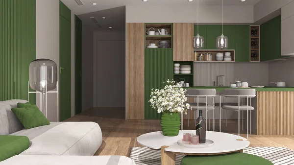 Przytulny Zielony Drewniany Salon Kuchnia Nowoczesnym Apartamencie Aksamitna Sofa Stołem — Zdjęcie stockowe