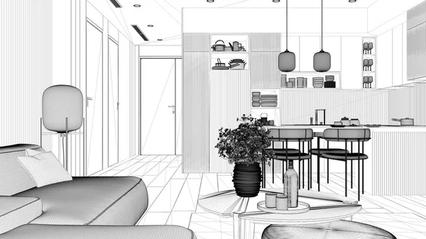 Projet Projet Blueprint Salon Cuisine Dans Appartement Moderne Canapé Velours — Photo