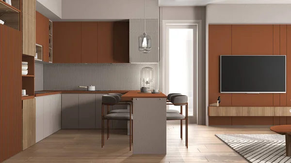 Gezellige Oranje Houten Keuken Modern Appartement Raam Kasten Met Aardewerk — Stockfoto