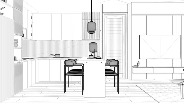 蓝图项目草案 现代公寓厨房 橱柜与陶器和平底锅 岛屿和餐桌与椅子 地毯和花束 室内设计理念 — 图库照片