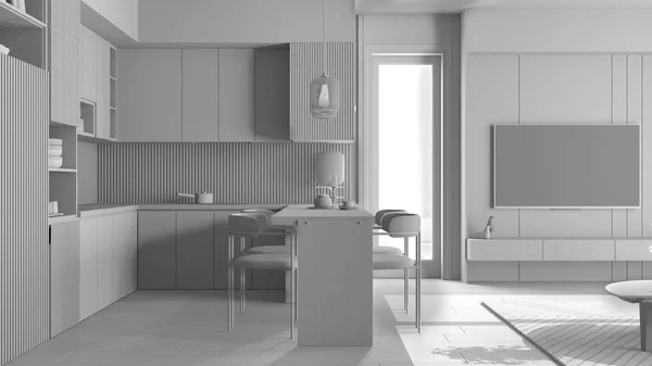 Progetto Total White Cucina Appartamento Moderno Finestra Armadi Con Ceramiche — Foto Stock