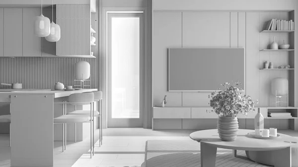 Totalt Vitt Projekt Kök Och Vardagsrum Modern Lägenhet Fönster Bord — Stockfoto