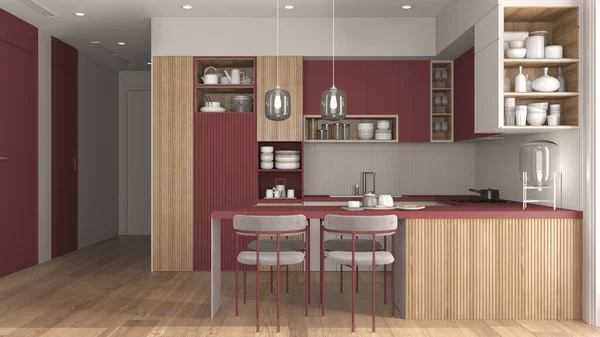 舒适的红色和木制厨房和餐厅在现代公寓 桌子与天鹅绒椅子 橱柜和架子上有陶器 平底锅和器具 宴会厅室内设计理念 — 图库照片
