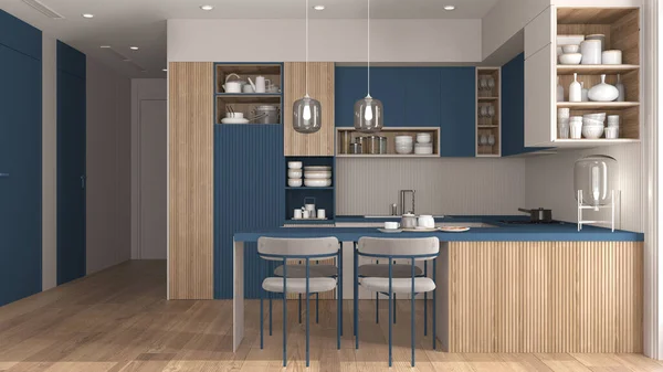 Accogliente Cucina Sala Pranzo Legno Blu Appartamento Moderno Tavolo Con — Foto Stock