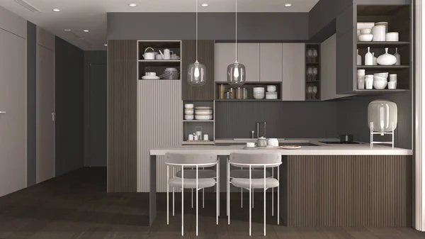 Acogedora Cocina Comedor Oscuro Madera Apartamento Moderno Mesa Con Sillas — Foto de Stock