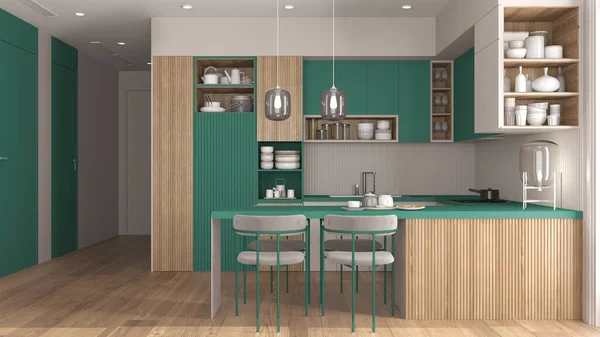 舒适的绿松石和木制厨房和餐厅在现代化的公寓 桌子上有椅子 橱柜和架子上有陶器 平底锅和器具 宴会厅室内设计理念 — 图库照片