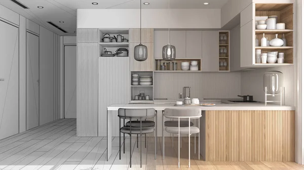 建築家のインテリアデザイナーの概念 キッチンやダイニングルーム 椅子付きのテーブルになる手描きの下書き未完成のプロジェクト フライパン 家電付きの棚 — ストック写真