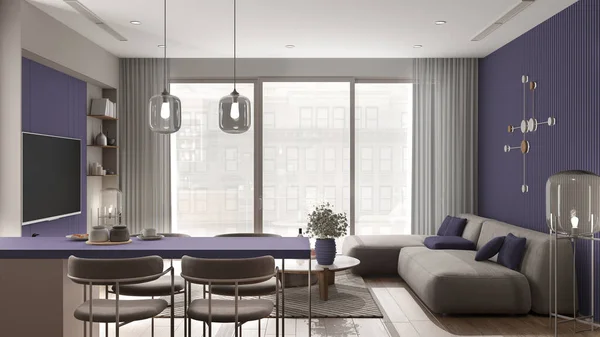 Útulný Liliový Dřevěný Obývací Pokoj Kuchyní Moderním Apartmánu Sametová Pohovka — Stock fotografie