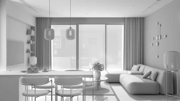 总的白色工程草案 客厅与厨房在现代公寓 沙发与桌子 厨房与岛屿和餐桌 大全景窗室内设计理念 — 图库照片