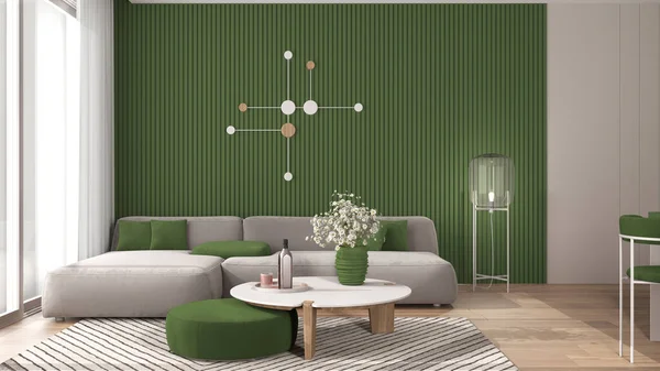 舒适的绿色和木制客厅在现代公寓 天鹅绒沙发与邮袋和桌子与盆栽花 大窗户和地板玻璃灯 室内设计理念 — 图库照片