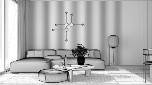 Projet Inachevé Salon Dans Appartement Moderne Canapé Velours Avec Pouf — Photo