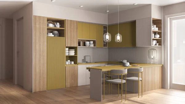 舒适的公寓里有现代的黄色木制厨房和餐厅 桌子上有天鹅绒椅子 橱柜和架子上有陶器 平底锅和器具 宴会厅室内设计理念 — 图库照片