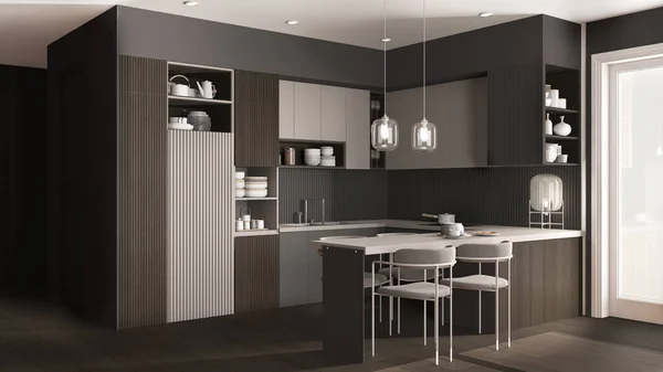 Moderne Dunkle Und Hölzerne Küche Und Esszimmer Gemütlicher Wohnung Tisch — Stockfoto