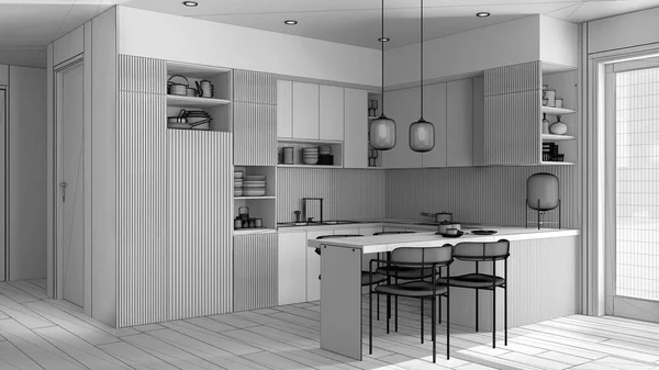 Unfertiger Projektentwurf Gemütliche Küche Und Esszimmer Moderner Wohnung Tisch Mit — Stockfoto